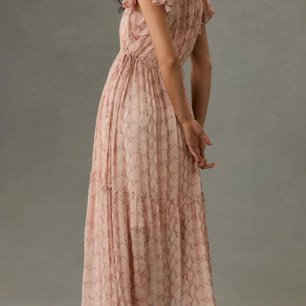 🌸 Anthropologie V-Neck Flutter-Sleeve Tiered Midi Dress – Pink Snakeskin Print - Picture 3 of 15